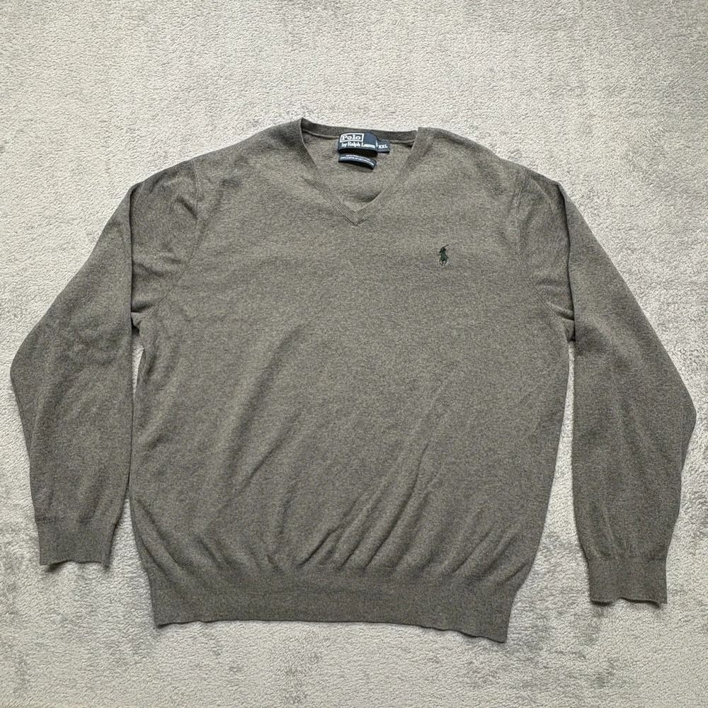 Polo Ralph Lauren Sweater‎ Mens 2XL Gray V Neck Pullover Knit Classic Pony Logo